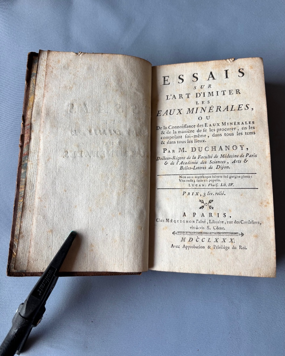 Livre essais sur l’art d’imiter les eaux minérales Ex Libris Vicomte de la Maillardiére 18e 