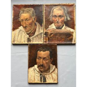 Set Of 3 Portrait Studies By L. Chuzin, Artist Of The Late 19th Century 