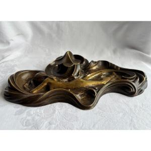 Art Nouveau Bronze Inkwell Signed Landereau