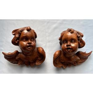 Pair Of Patinated Wooden Cherubs, Late 18th Century 
