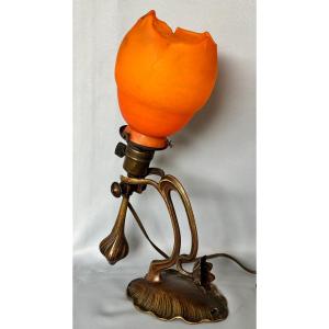 Bronze "water Lily" Tulip Lamp By Daum, Late 19th–early 20th Century