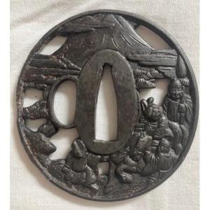 Tsuba A Decor De Procession Devant Le Mont Fuji