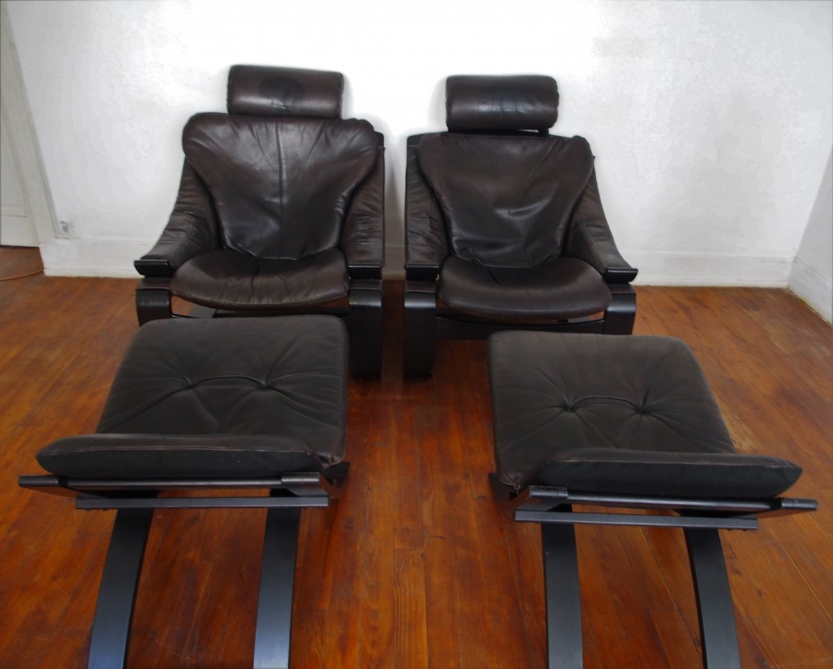 Pair Of Scandinavian Armchairs And Footrests-photo-6