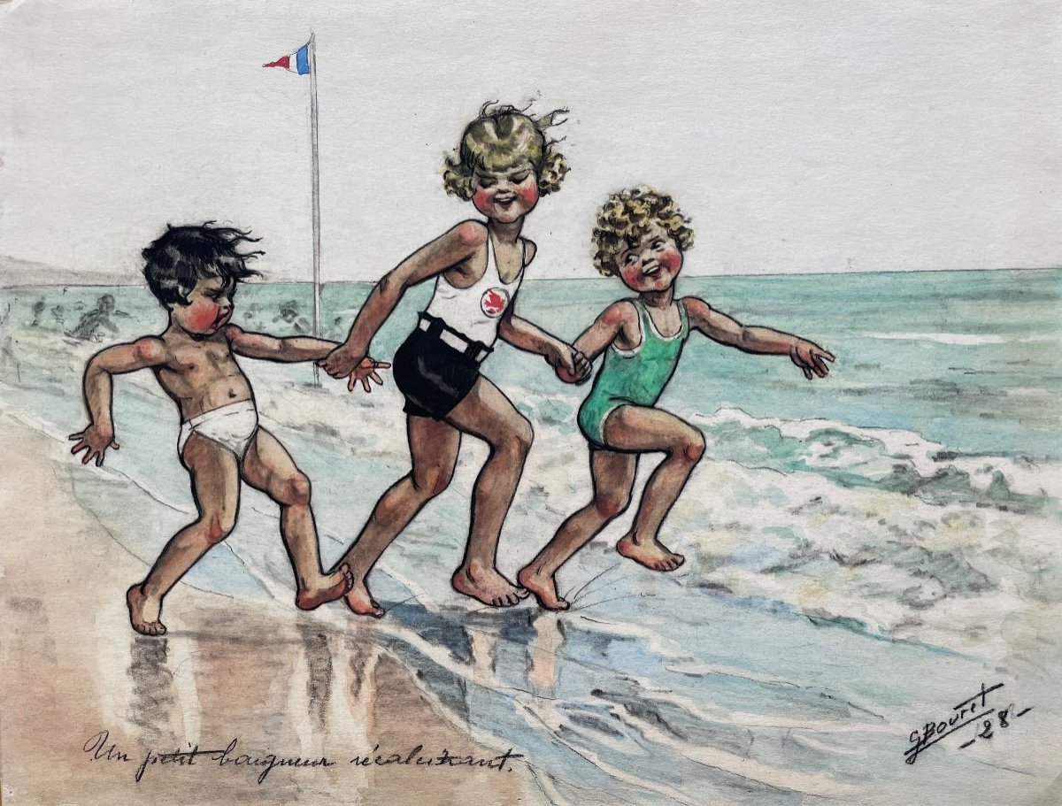 Original Painting Signed Germaine Bouret "the Recalcitrant Little Bather"