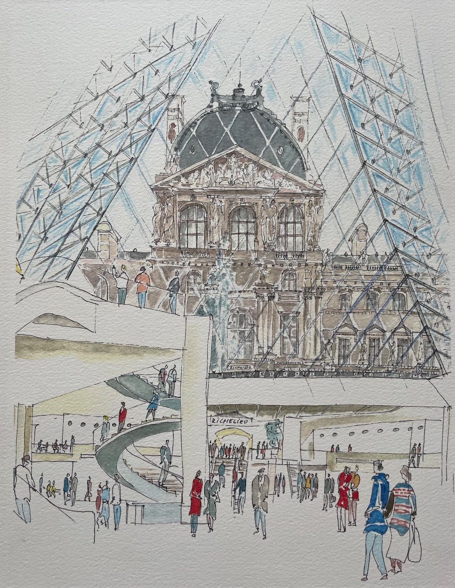 Lithographie « Le Grand Louvre » Paris