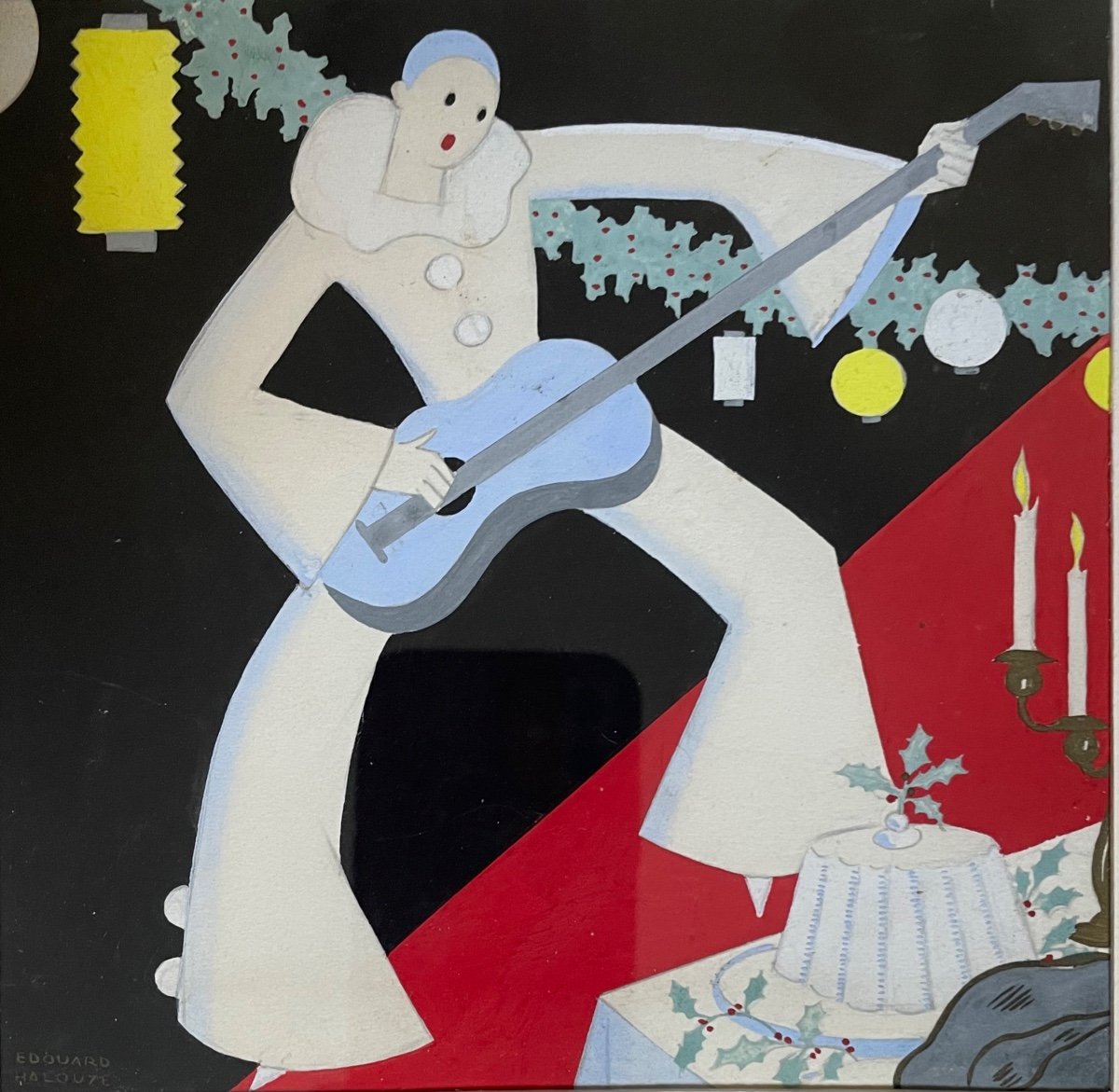 Gouache d’Edouard Halouze (1895-1958) «Pierrot à la guitare»-photo-2