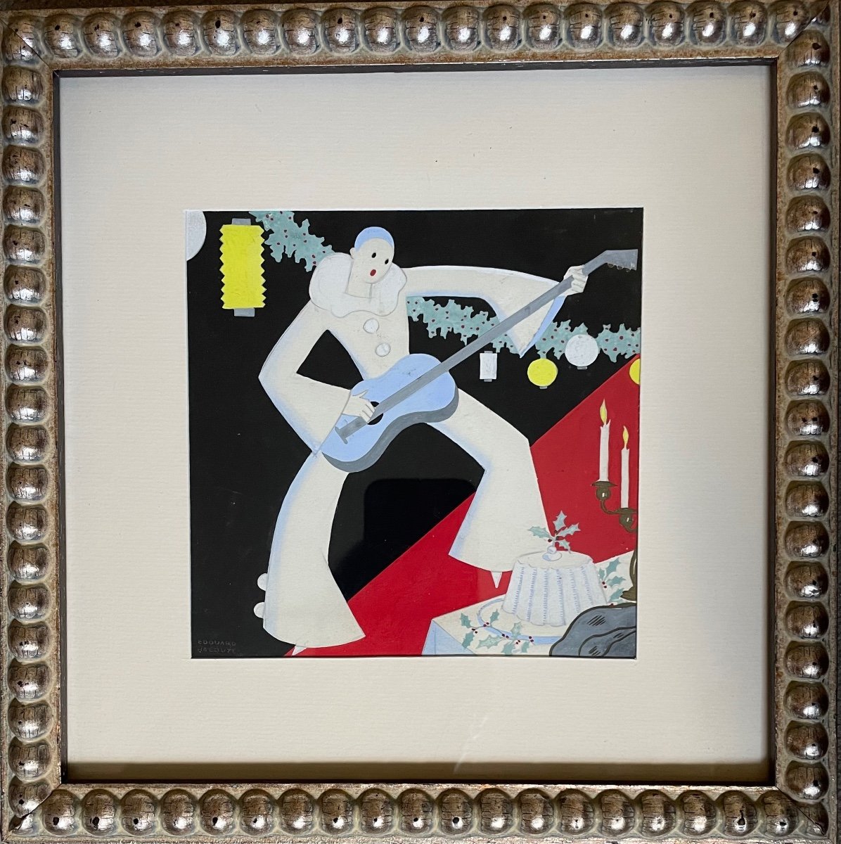 Gouache d’Edouard Halouze (1895-1958) «Pierrot à la guitare»