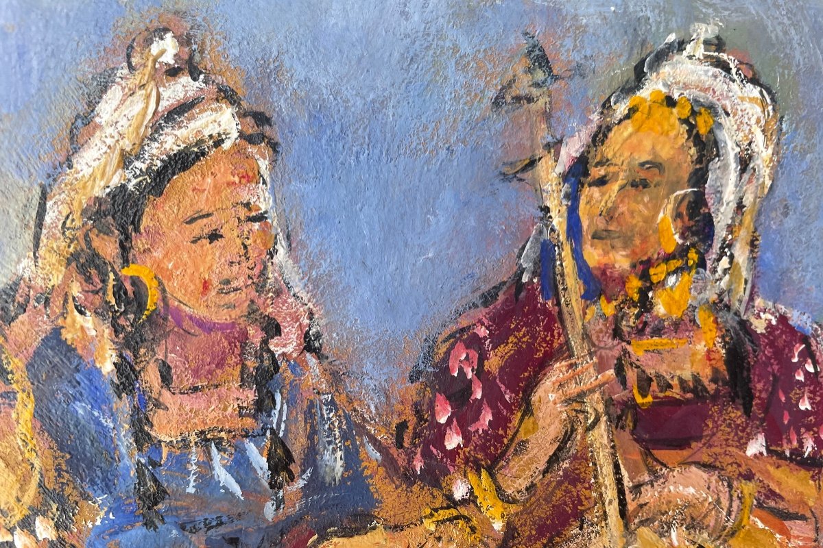 Gouache Orientaliste By Eddine Sahraoui Known As Schems "berber Musicians"-photo-2