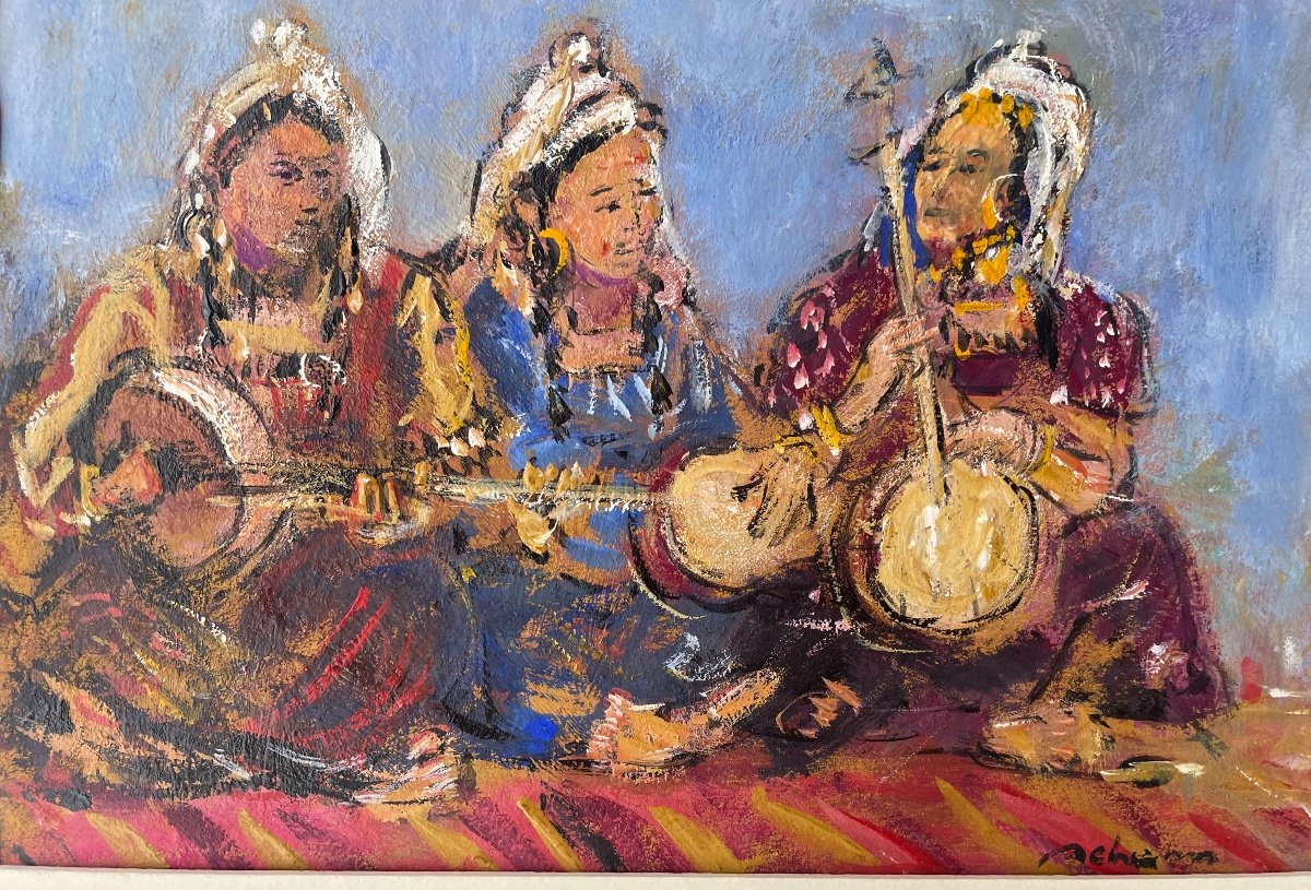 Gouache Orientaliste By Eddine Sahraoui Known As Schems "berber Musicians"