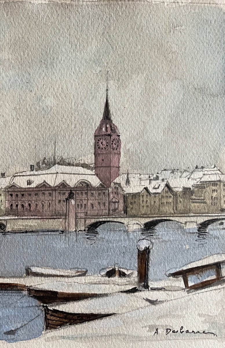 Aquarelle Signée A. Debarres «Vue de Zürich » Suisse-photo-3