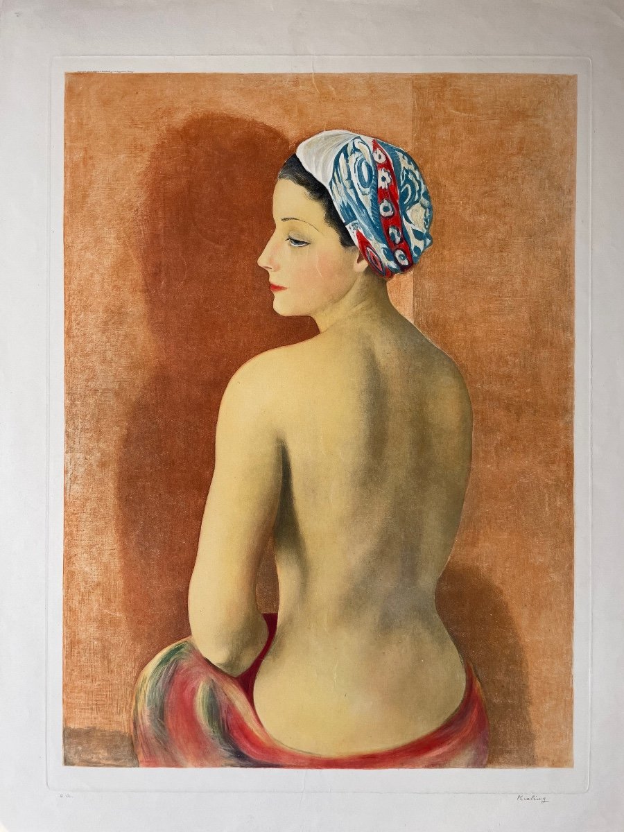 Aquatinte en couleurs signée Kisling « Nu assis au turban » 1952