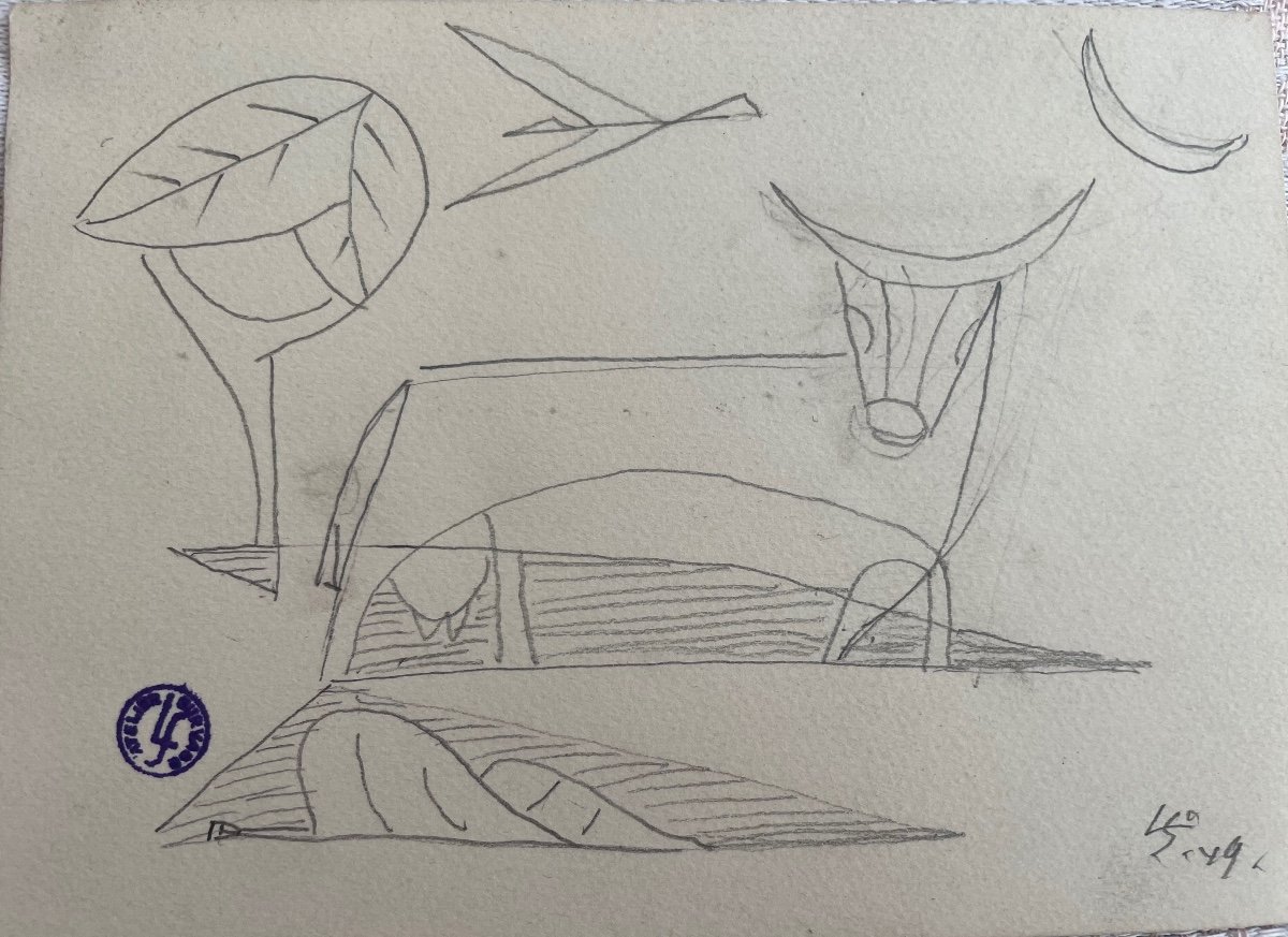 Dessin au Crayon Signé Léopold Survage «Taureau »1949