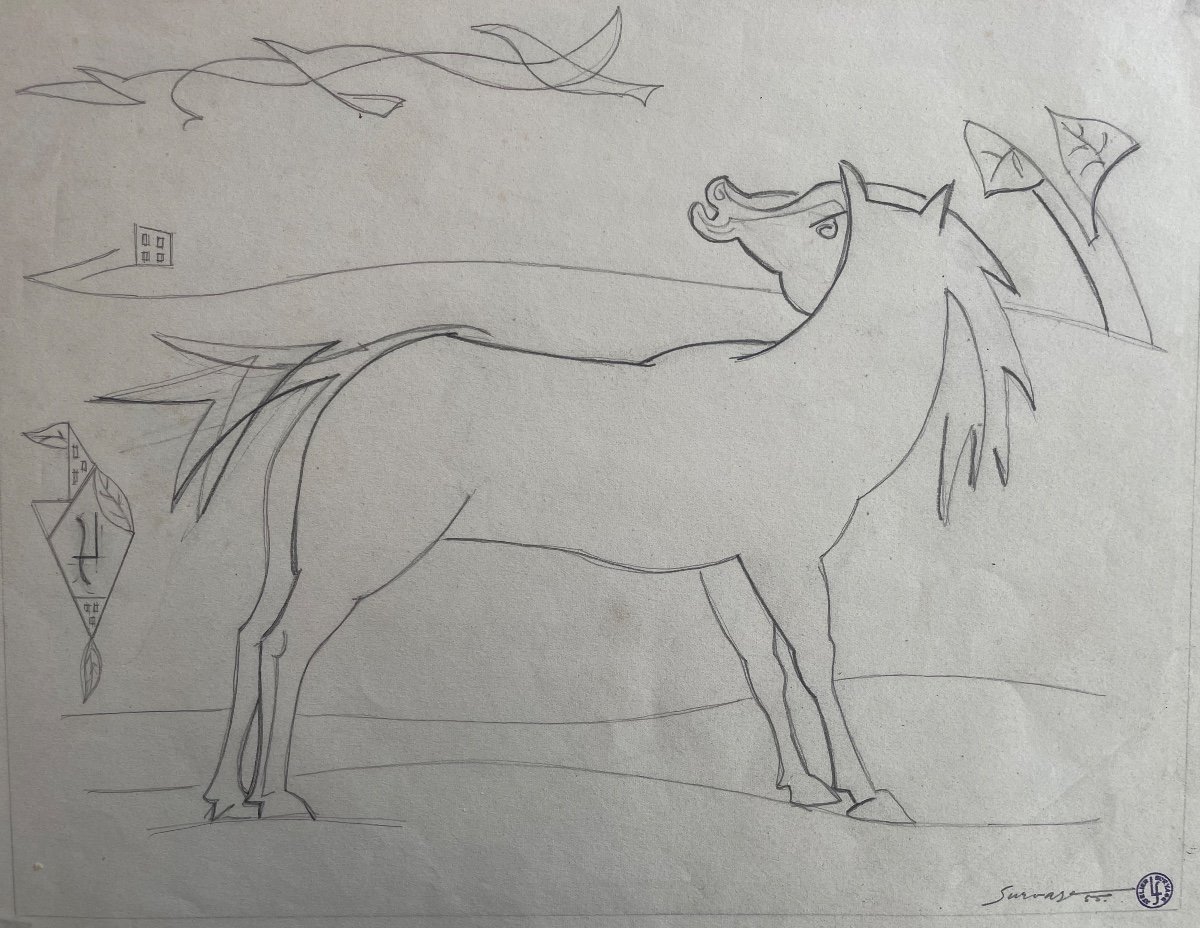 Dessin Original au Crayon Signé Léopold Survage «Le Cheval » 1955