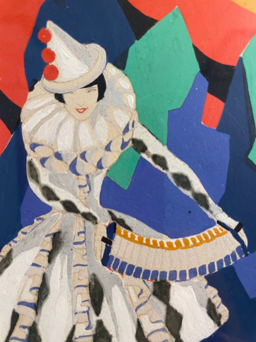Gouache Originale des Années 30 « Pierrette à l’Accordéon »-photo-4