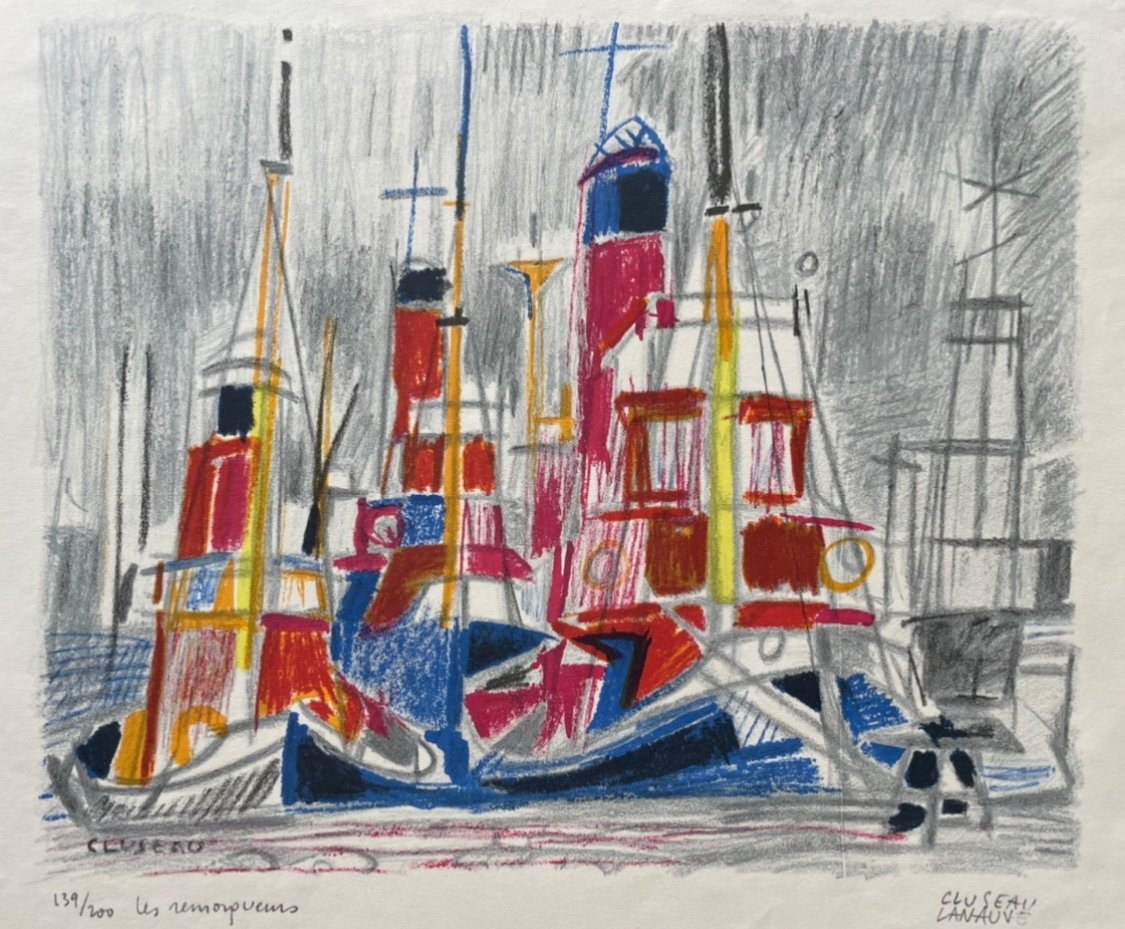 Lithograph "the Tugboats" Signed Jean Cluseau-lanauve
