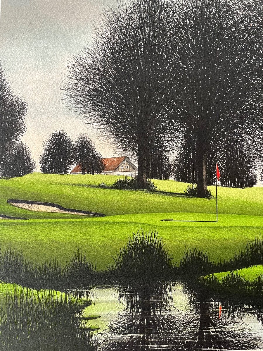 Lithograph From The 80s, Signed Jacques Deperthes "golf Court"-photo-2