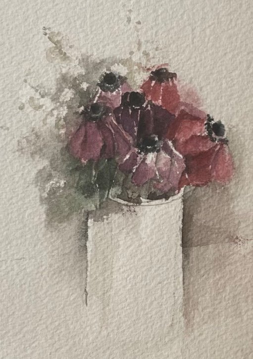 Poetic Art, Watercolor Of Flowers From The 70s Signed By The Artist A. Antonini "anemones"-photo-2