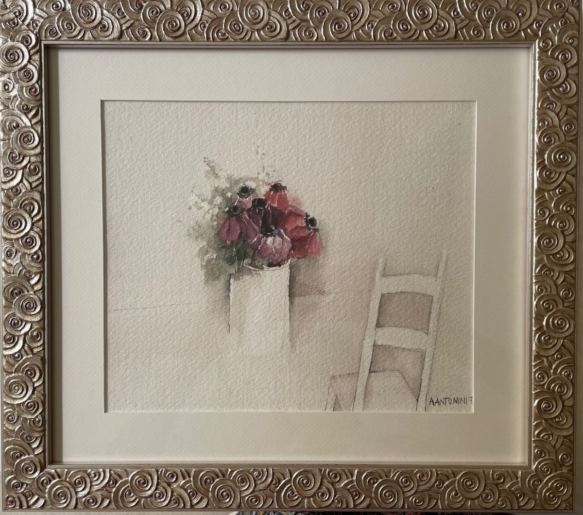 Poetic Art, Watercolor Of Flowers From The 70s Signed By The Artist A. Antonini "anemones"