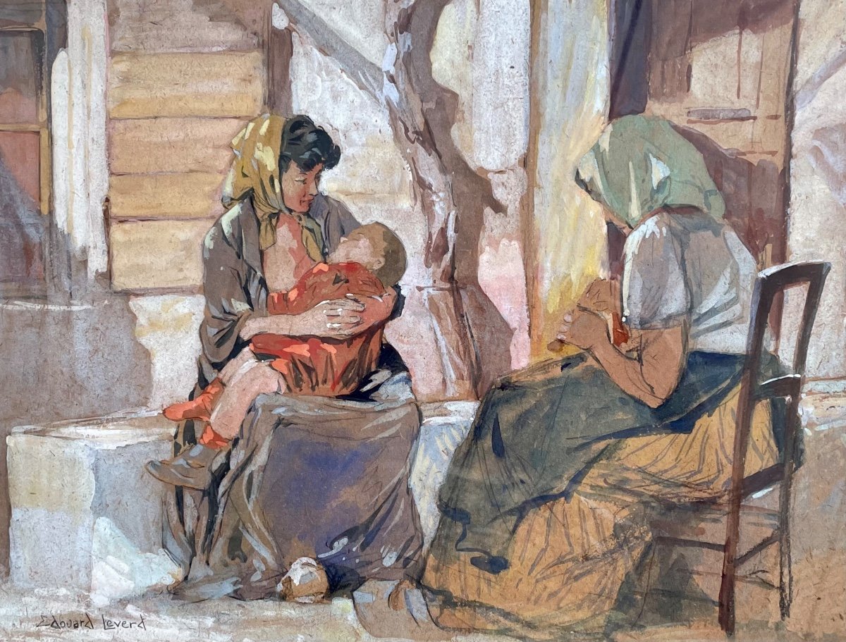 Original Gouache Signed By The Painter Edouard Leverd "la Sieste"-photo-2