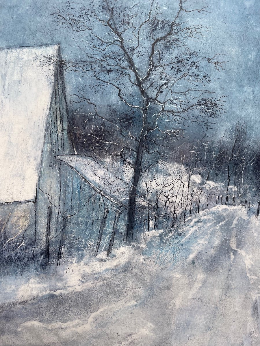 Bernard Gantner, Peinture à la Gouache Signée par l’Artiste «Paysage Enneigé »-photo-2