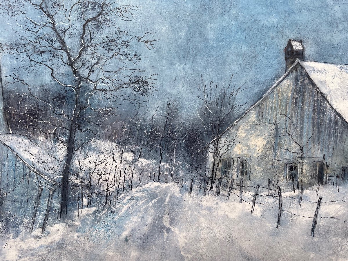 Bernard Gantner, Peinture à la Gouache Signée par l’Artiste «Paysage Enneigé »-photo-3