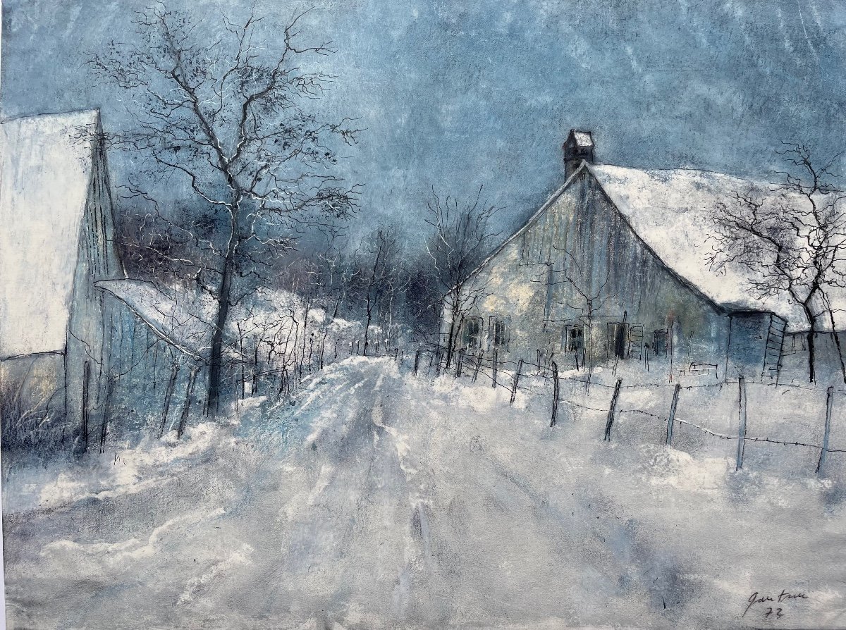 Bernard Gantner, Peinture à la Gouache Signée par l’Artiste «Paysage Enneigé »