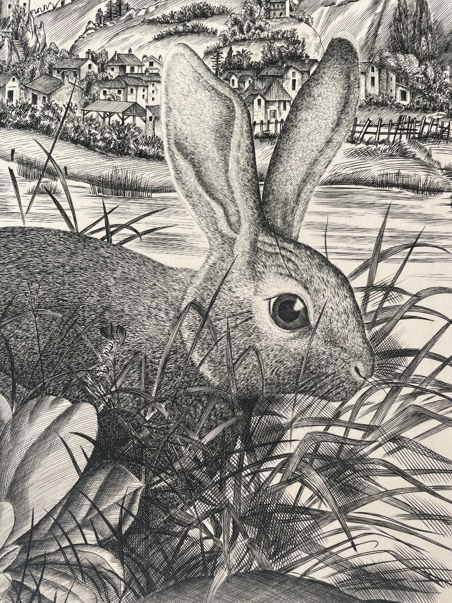 Extraordinaire Gravure Originale au Burin Signée par l’Artiste Norton «Le Lapin »-photo-3