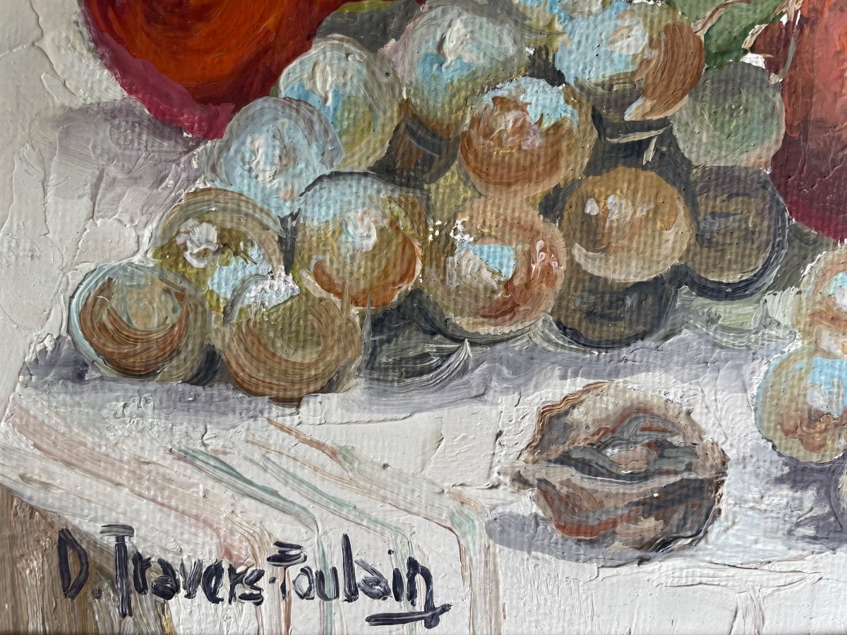  Oil On Canvas With Its Frame, Signed D. Travers-poulain “still Life With Walnuts”-photo-4