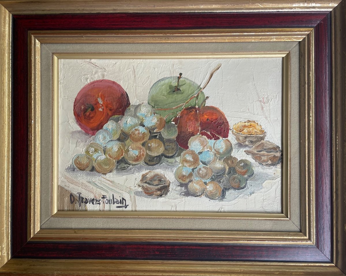  Oil On Canvas With Its Frame, Signed D. Travers-poulain “still Life With Walnuts”