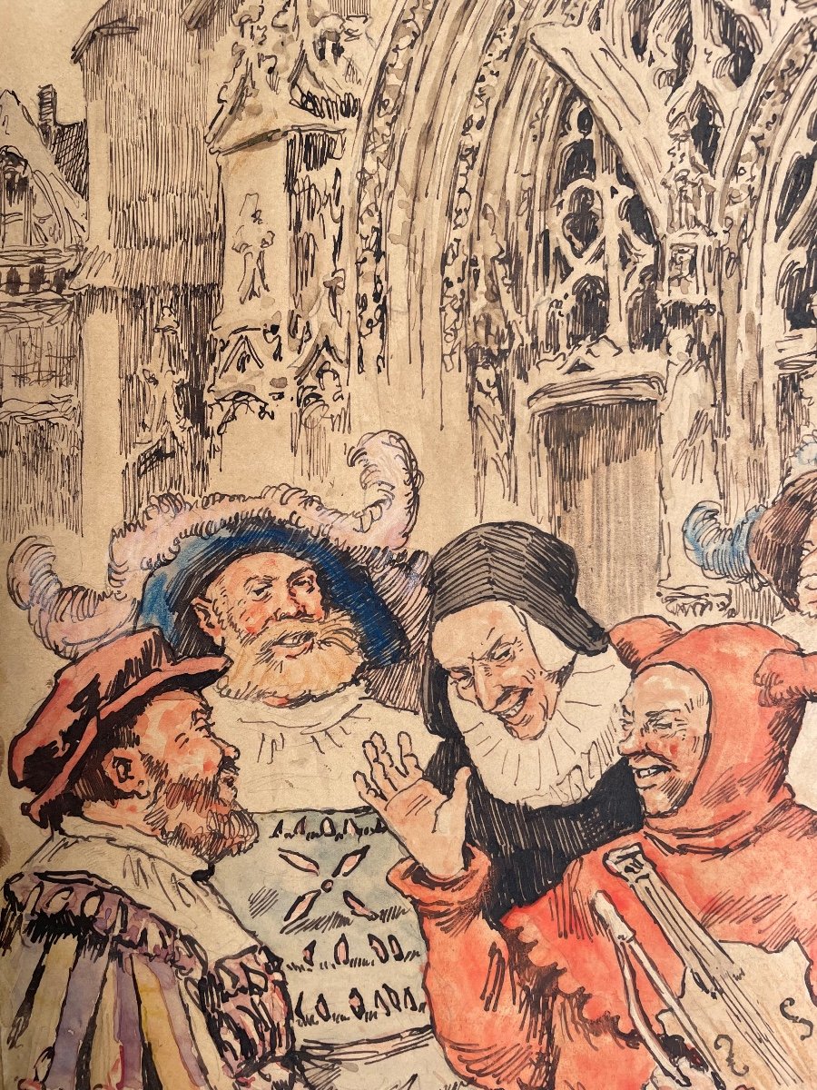 Original Watercolor Late 19th Signed By The Painter Henri Pille “the Carnival”-photo-2