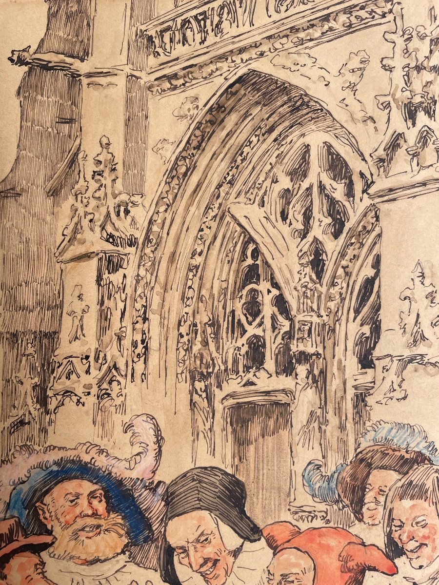 Original Watercolor Late 19th Signed By The Painter Henri Pille “the Carnival”-photo-1