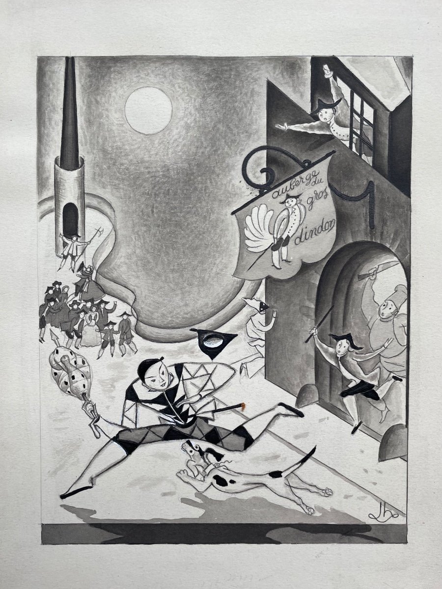 “l’auberge Du Gros Dindon” Original Gouache By Jean Hilly 1920-photo-1