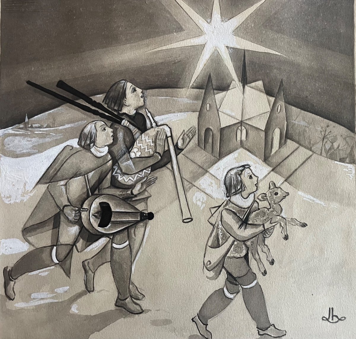 “the Musicians And The Shepherd's Star” Original Gouache By The Artist Jean Hilly 1920