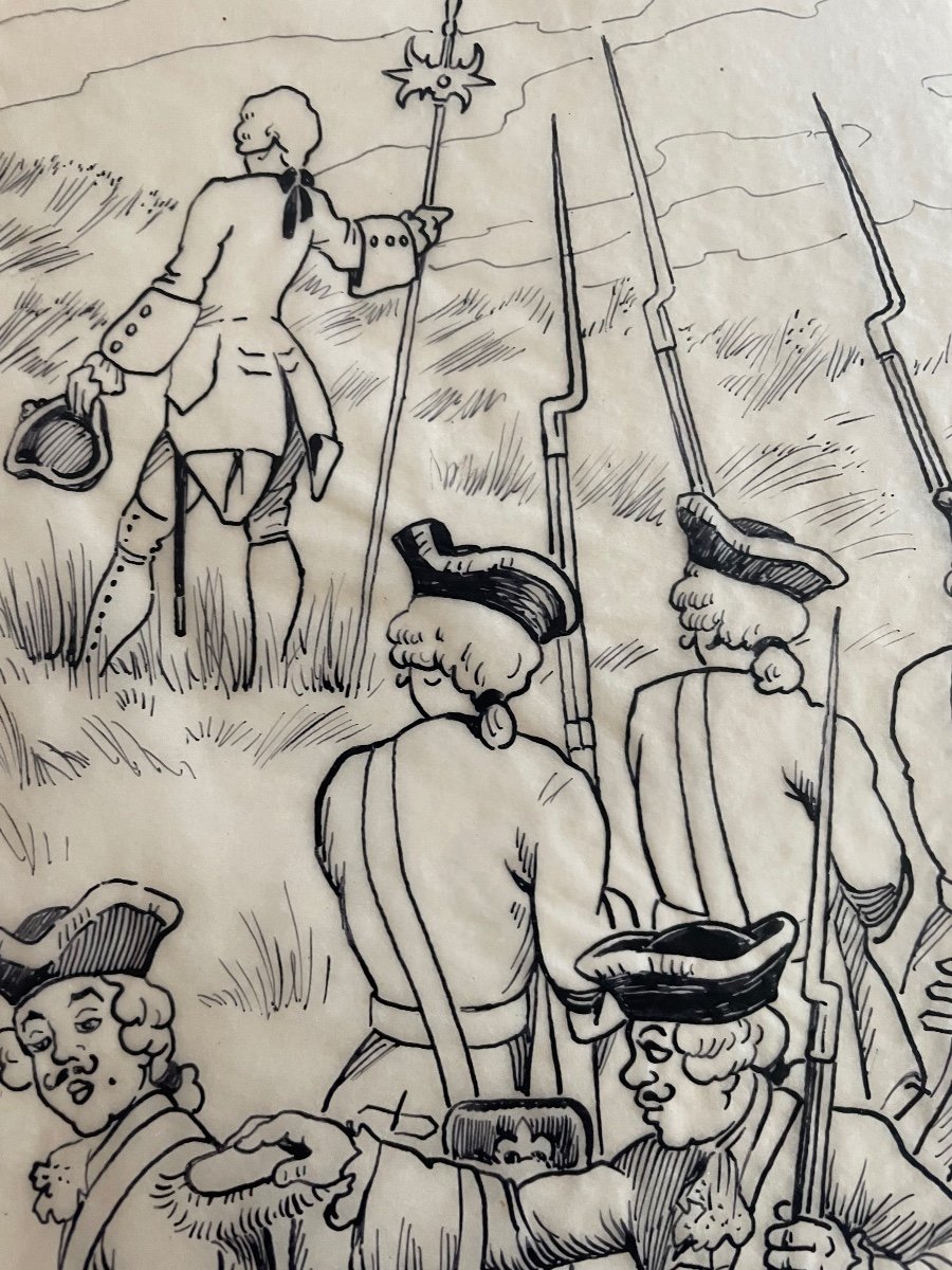 Ink Drawing Signed Jean Paris “gentlemen The English, Shoot First! »-photo-3