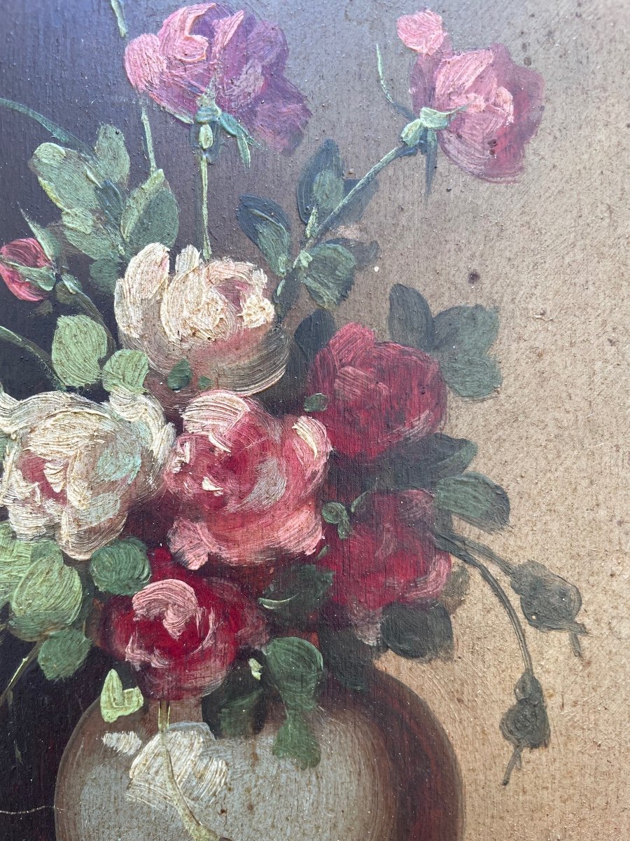 Charming Small Painting Late 19th Century On Wooden Panel “floral Composition”-photo-2