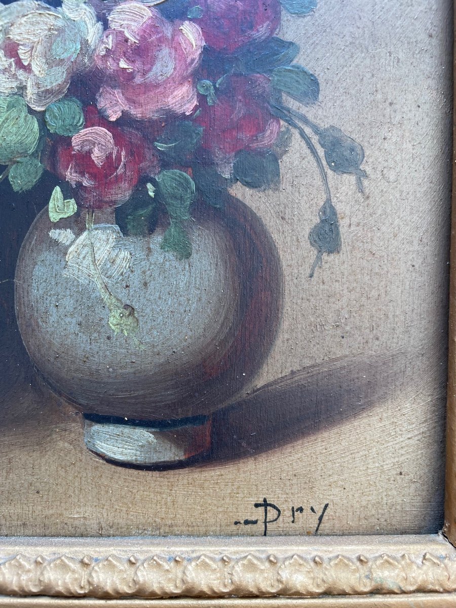 Charming Small Painting Late 19th Century On Wooden Panel “floral Composition”-photo-4