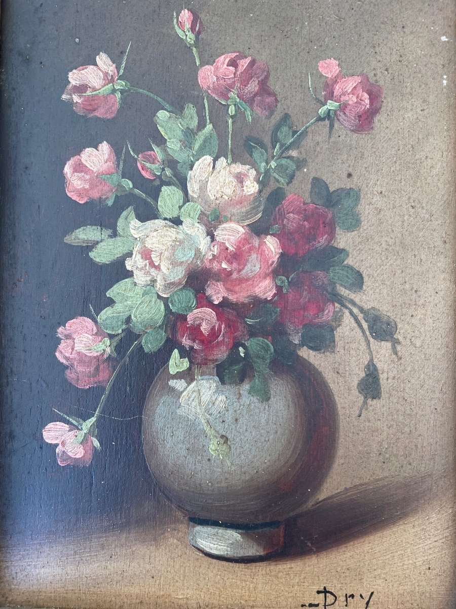 Charming Small Painting Late 19th Century On Wooden Panel “floral Composition”