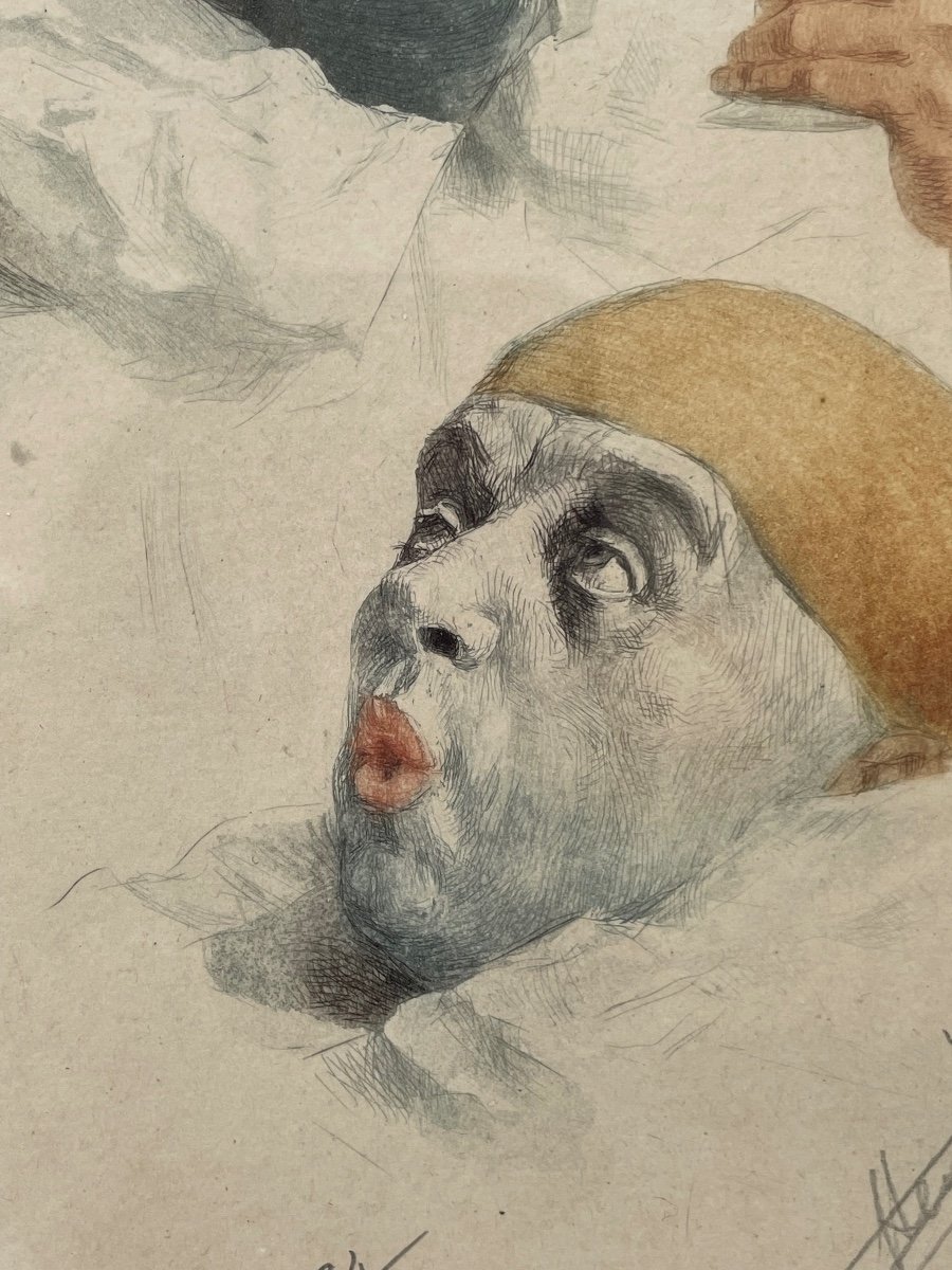 Arm Henrion, Gravure Aquarellée Signée au Crayon « Les trois Pierrots »-photo-3