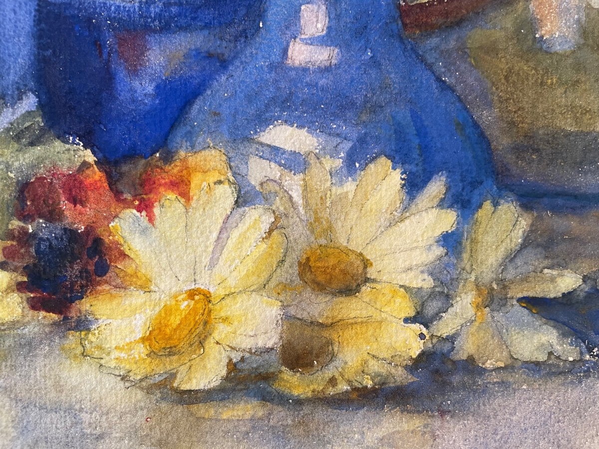 Watercolor “still Life With Daisies” Signed Couvreur-photo-2