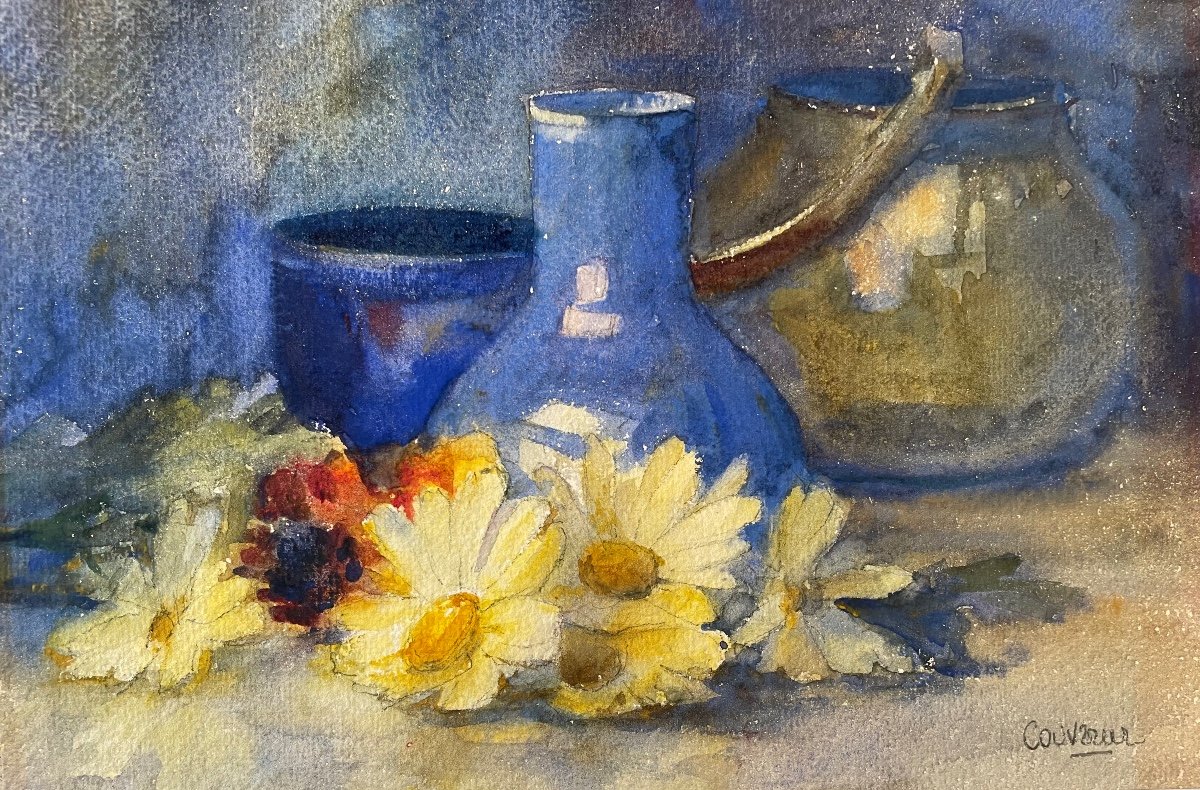 Watercolor “still Life With Daisies” Signed Couvreur