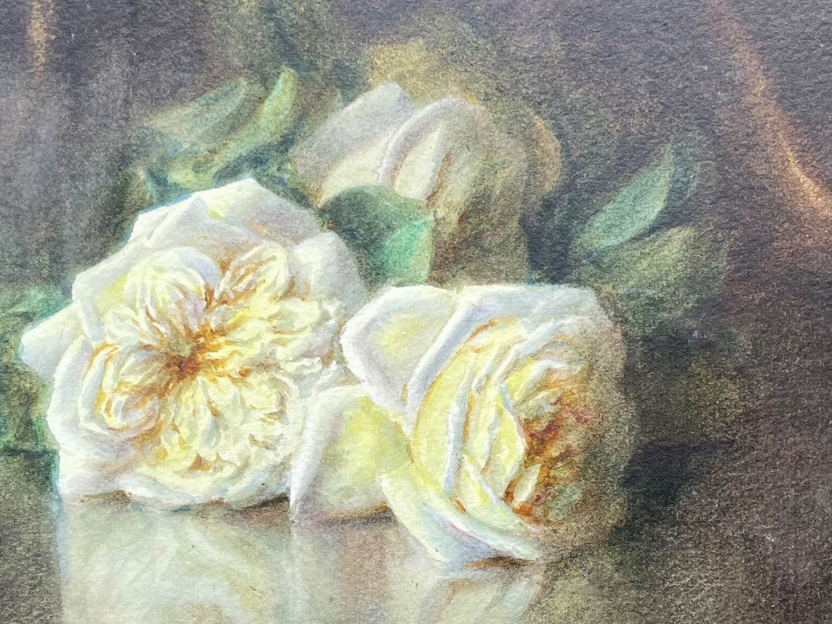 Watercolor Signed By The Painter Rosenstock “the Yellow Roses”-photo-3