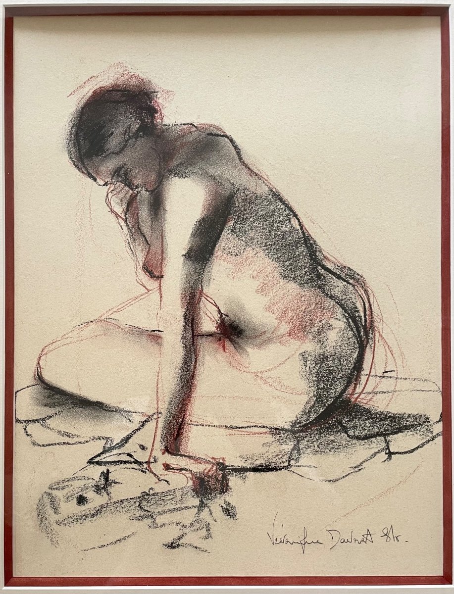 Drawing Charcoal And Red Chalk Pencils “nude” Female Signed And Framed -photo-3