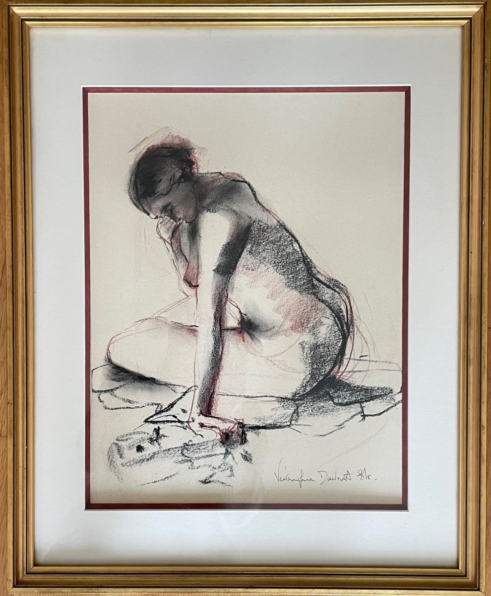 Drawing Charcoal And Red Chalk Pencils “nude” Female Signed And Framed 