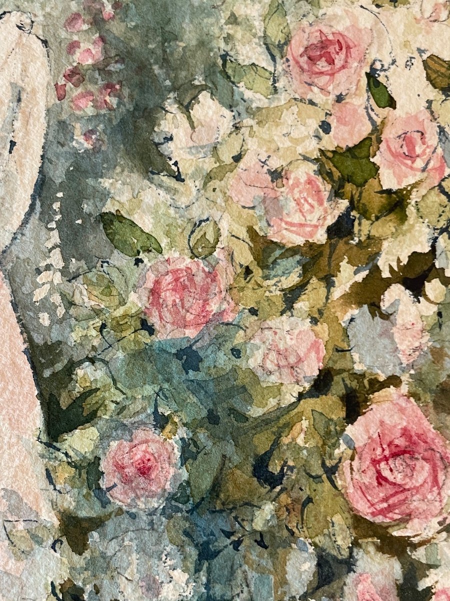 Watercolor “young Girl In A Flower Garden” Signed By The Painter Stromboni-photo-1