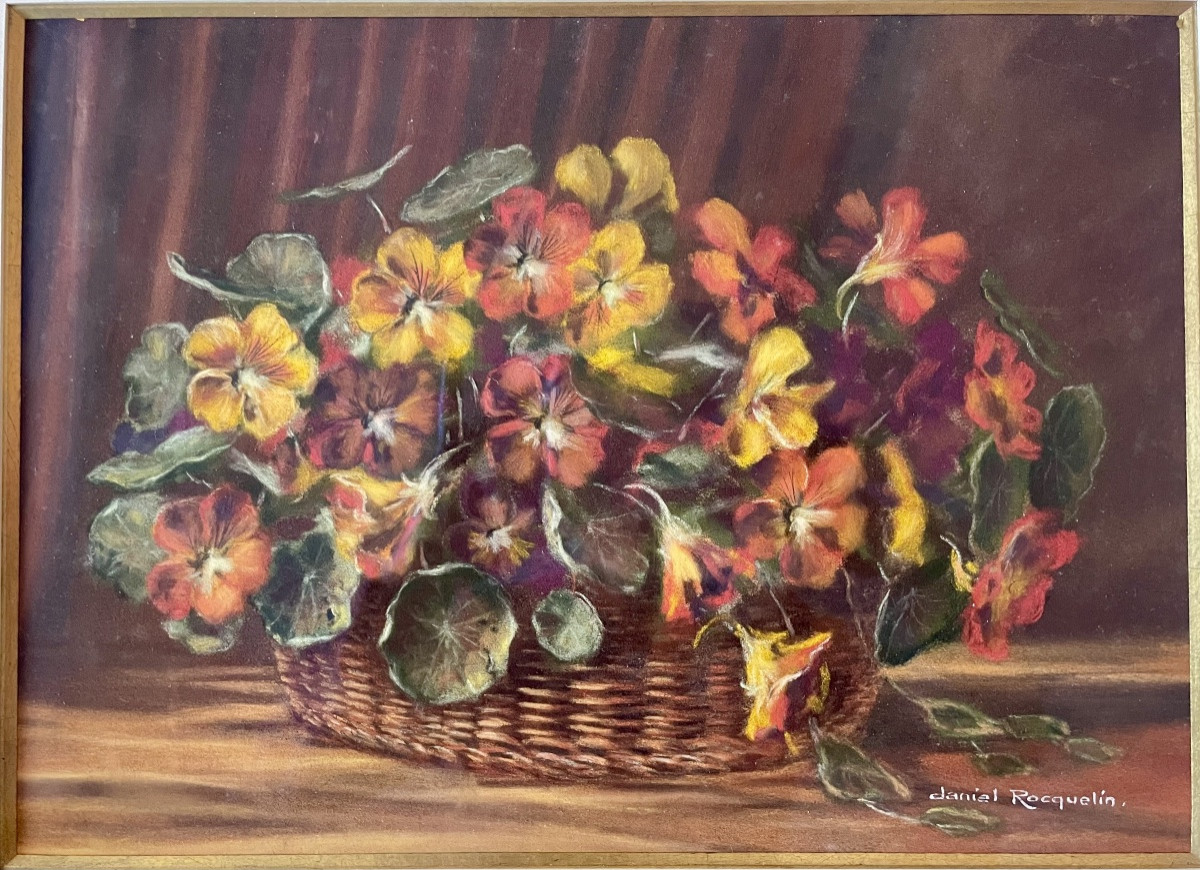 Nature morte, composition florale, pastel original, signé du peintre Daniel Rocquelin, fleurs.-photo-1