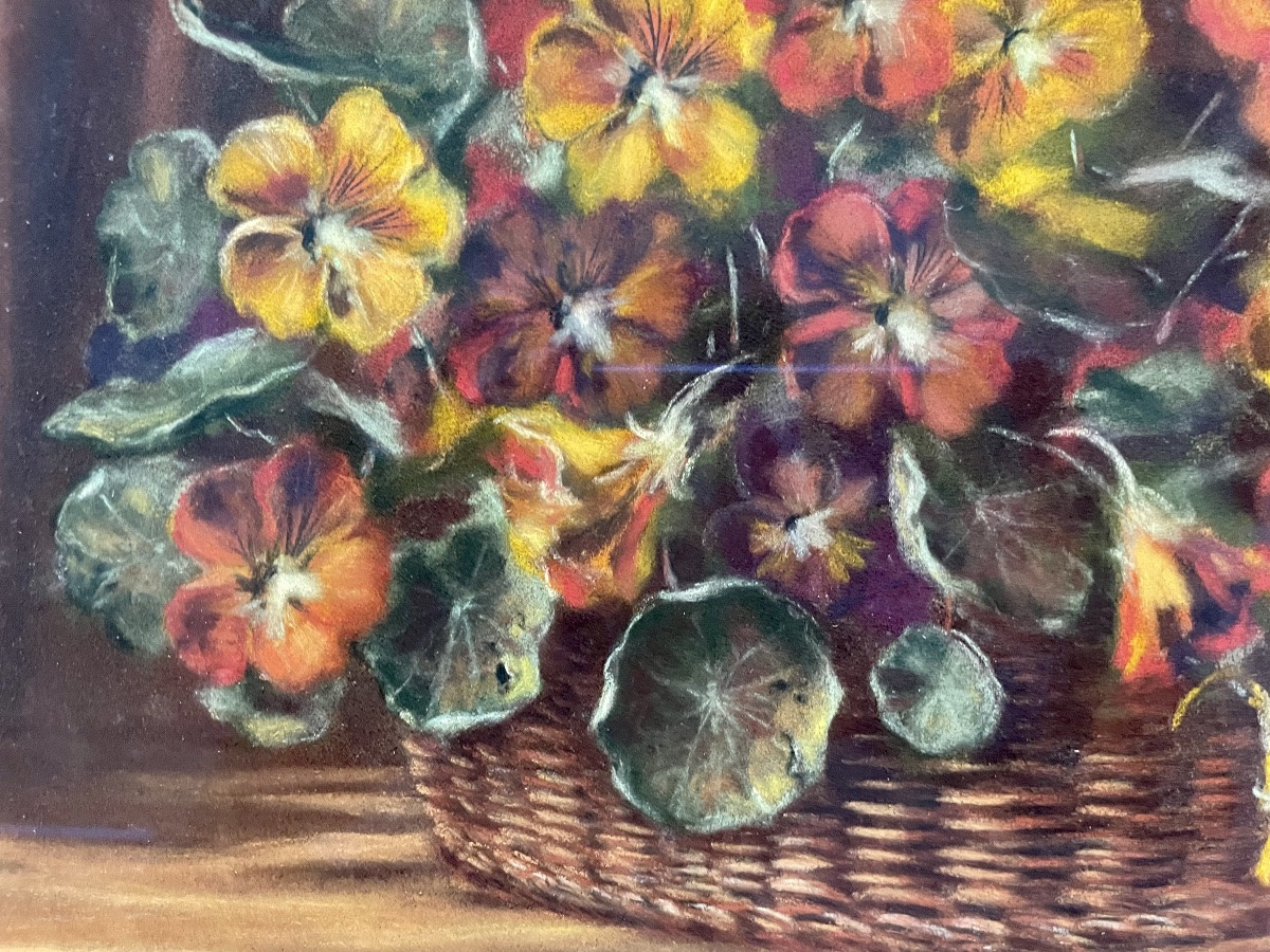 Nature morte, composition florale, pastel original, signé du peintre Daniel Rocquelin, fleurs.-photo-2