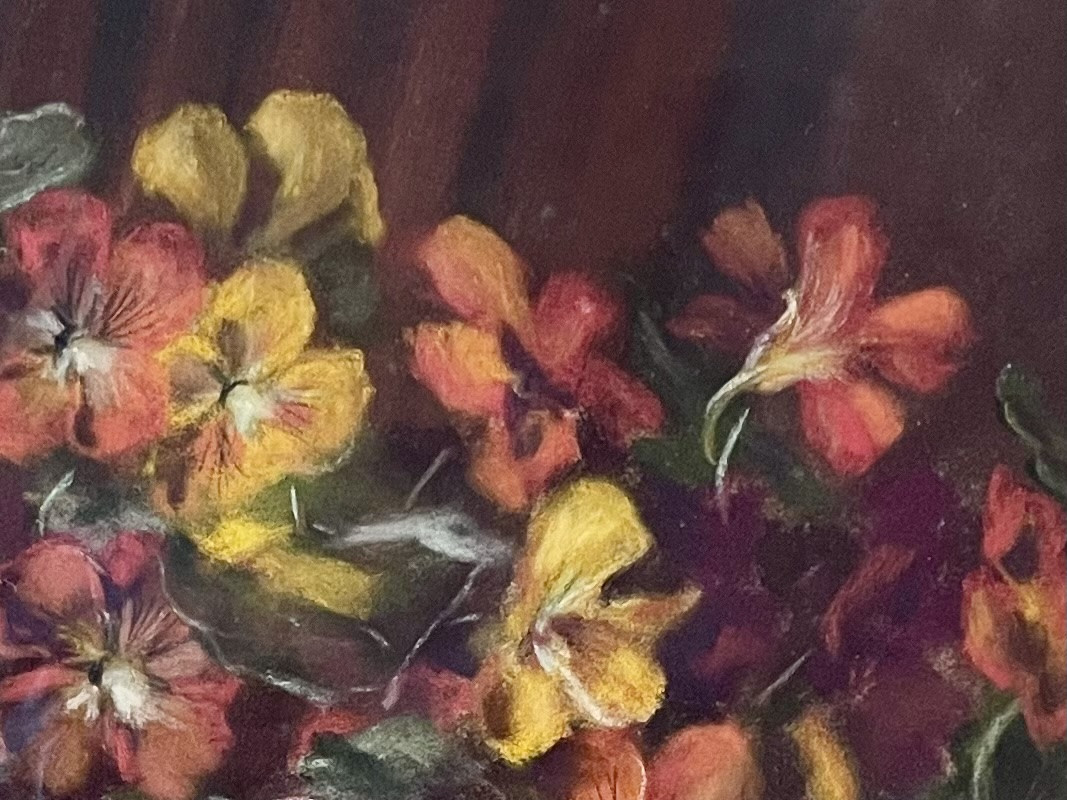 Nature morte, composition florale, pastel original, signé du peintre Daniel Rocquelin, fleurs.-photo-4