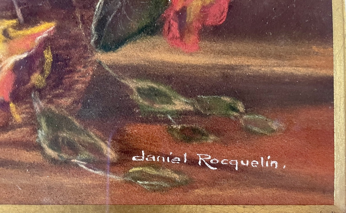 Nature morte, composition florale, pastel original, signé du peintre Daniel Rocquelin, fleurs.-photo-5