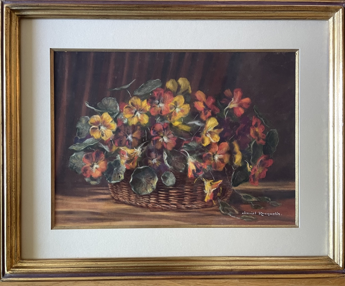 Nature morte, composition florale, pastel original, signé du peintre Daniel Rocquelin, fleurs.