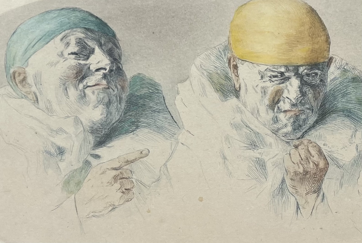 Arm Henrion, Watercolor Engraving Signed And Numbered By The Artist "les Trois Pierrot"-photo-1